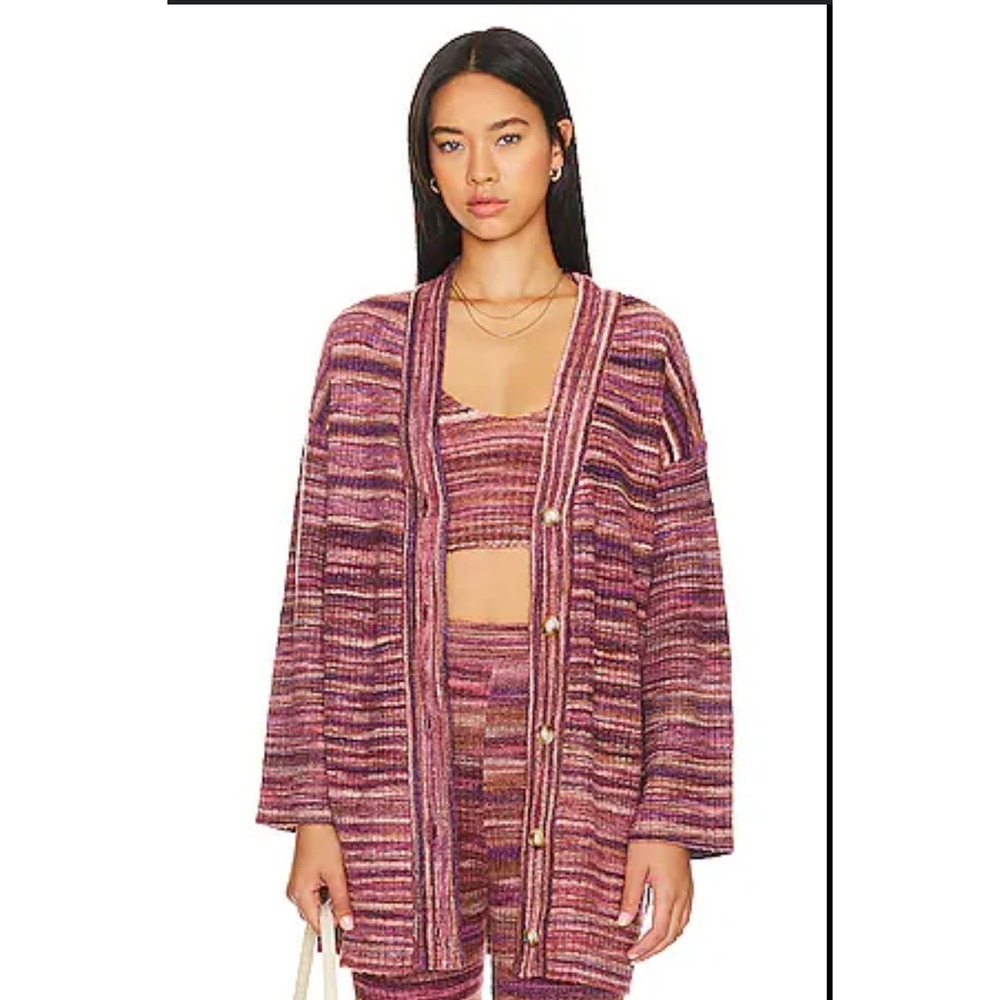 L*Space XS/S Button Down Knit Cardigan Duster Sweater Plum Purple Striped